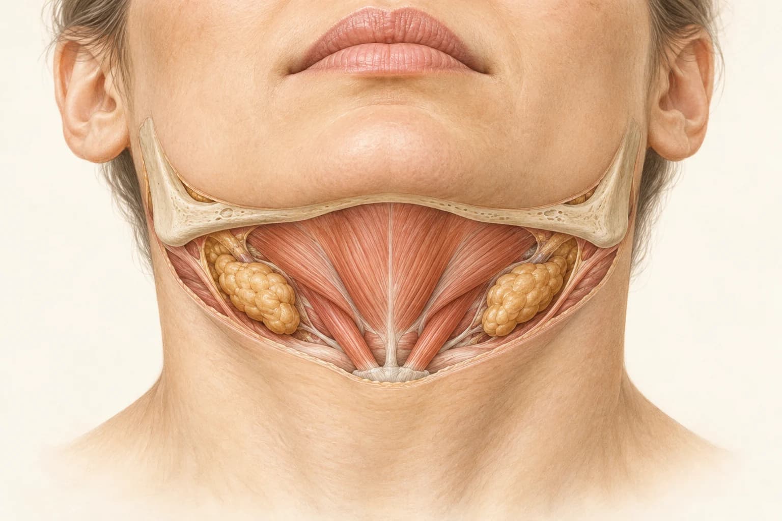 Medical illustration showing the submandibular glands beneath both sides of the jaw and the muscles of the floor of the mouth
