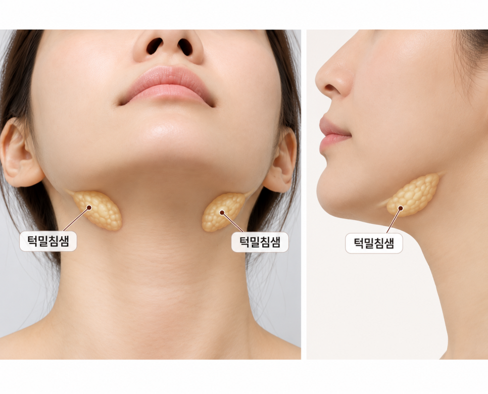 정면과 측면에서 본 턱뼈 아래 양쪽 턱밑침샘의 위치